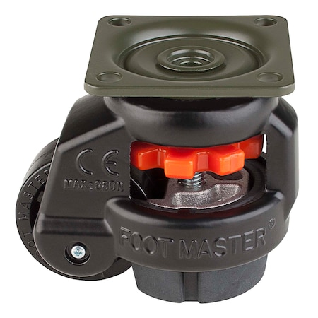 Foot Master Leveling Caster, 42 mm Nylon Wheel, 55x55 mm Plate, Swivel, 60 kg Cap, NBR Foot Pad, Black GD-40-F-NYN-FBL